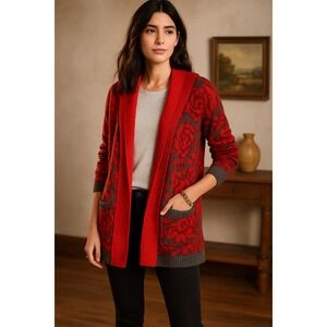 Anthropologie Sparrow Maraschino Red Floral Hooded Sweater Size M‎